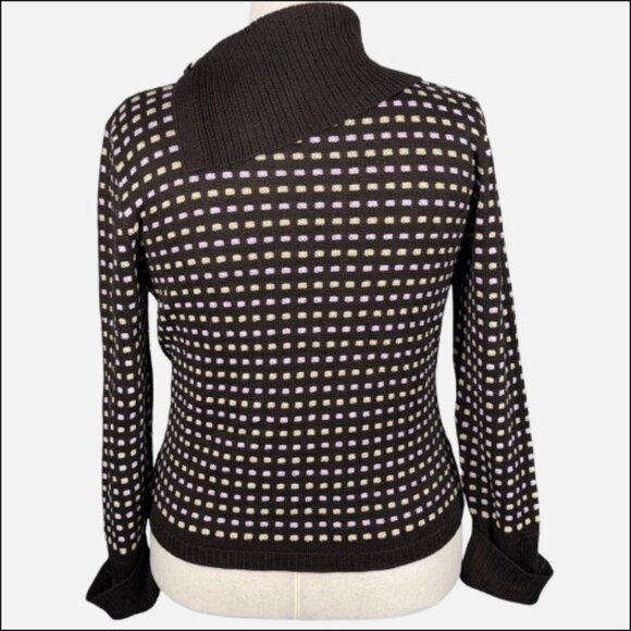 VTG San Remo Dark Brown Heritage Checkered Sweater Shawl Button Collar L - Picture 8 of 15